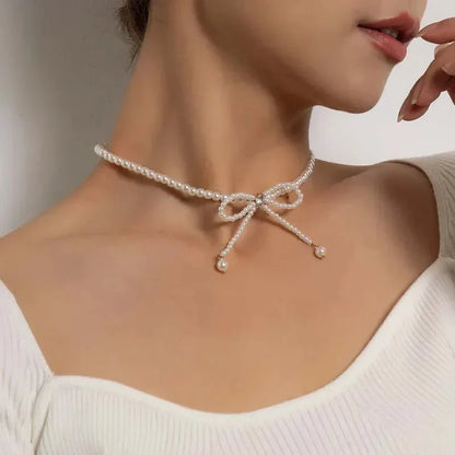 Dainty Pearl Bead Bow Choker Necklace
