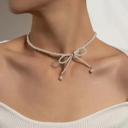 Dainty Pearl Bead Bow Choker Necklace