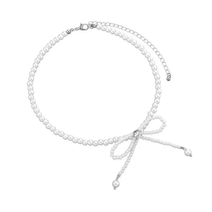 Dainty Pearl Bead Bow Choker Necklace