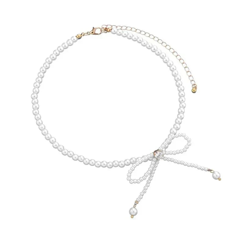 Dainty Crystal Pearl Bow Choker Necklace - Luxicro