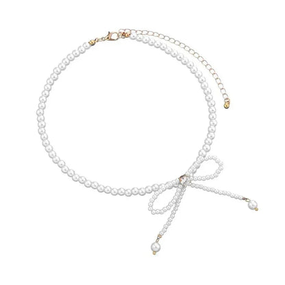 Dainty Crystal Pearl Bow Choker Necklace - Luxicro