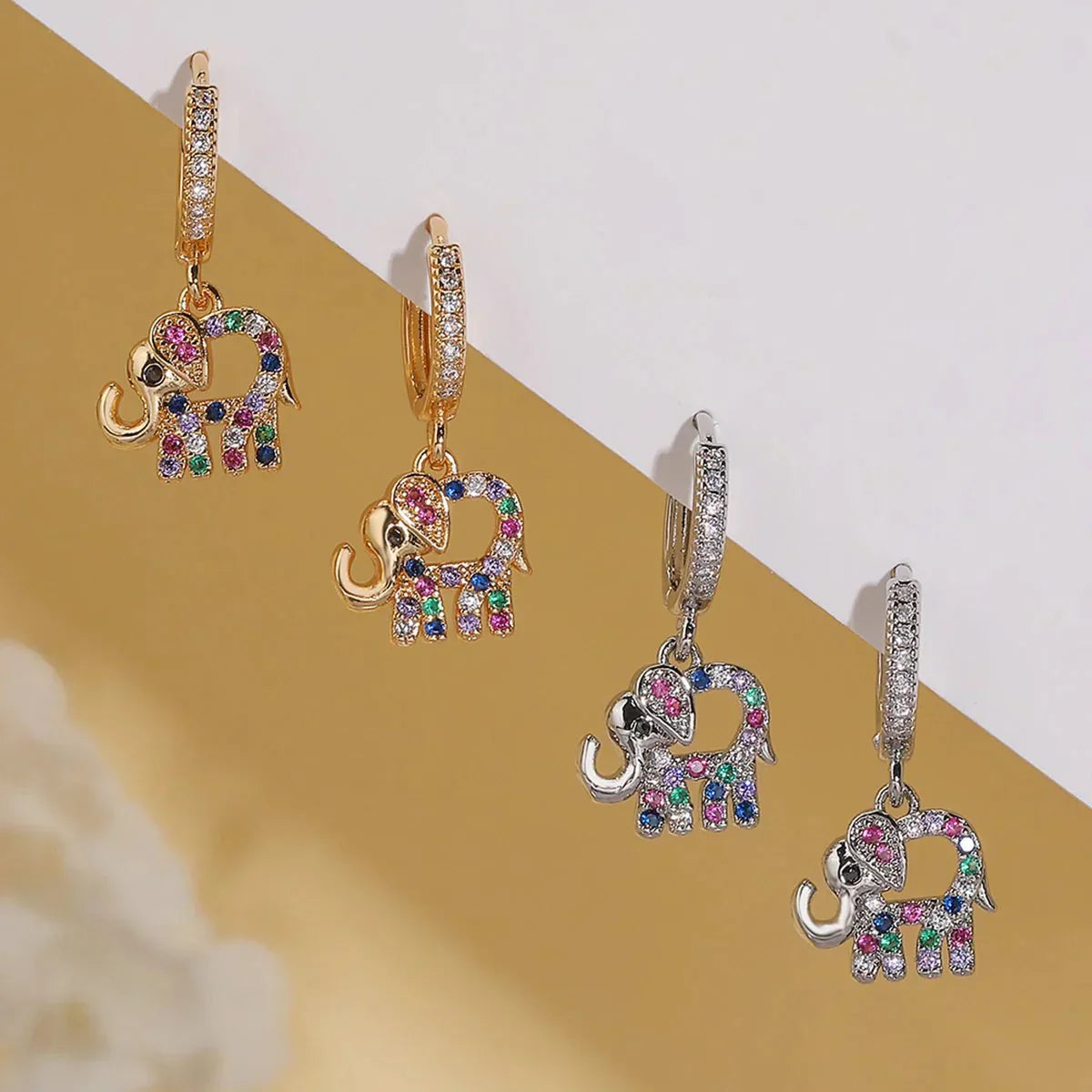 Colorful Diamond Elephant Dangle Earrings