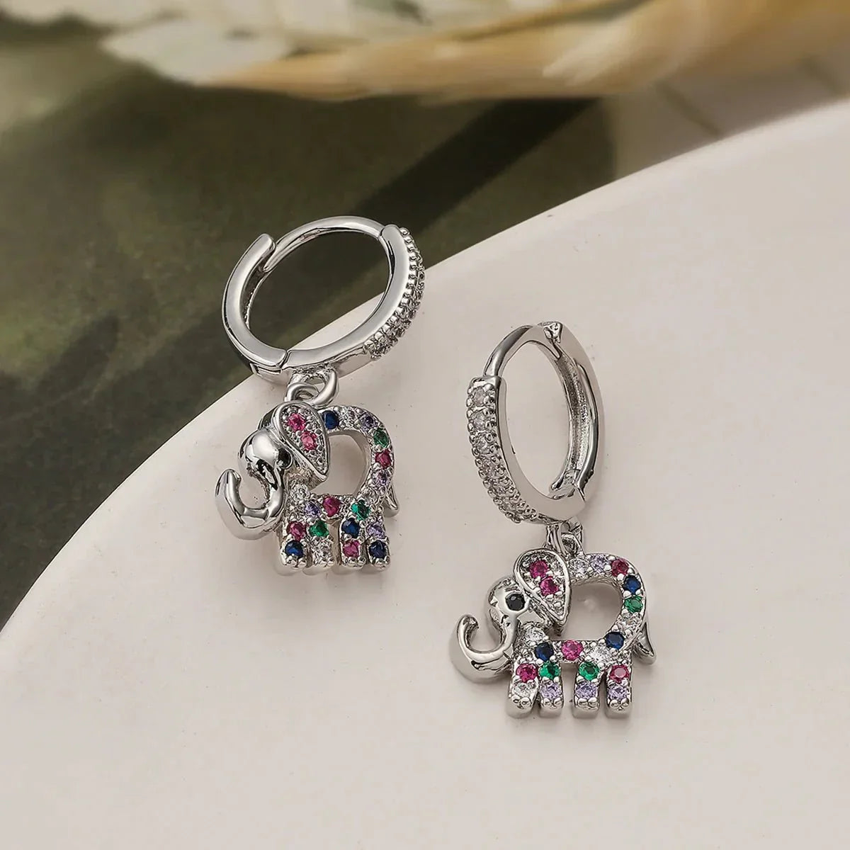 Colorful Diamond Elephant Dangle Earrings