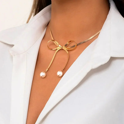Dainty Pearl Drop Bow Necklace