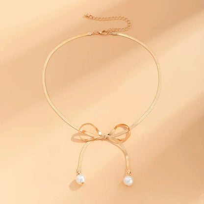 Dainty Pearl Drop Bow Necklace