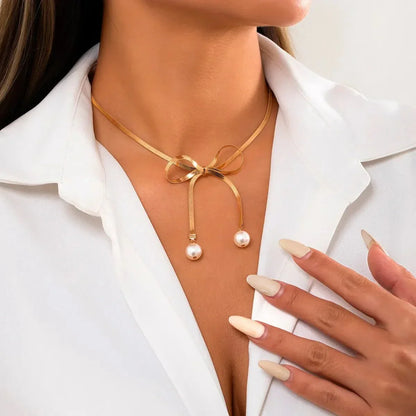 Dainty Pearl Drop Bow Necklace