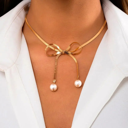 Dainty Pearl Drop Bow Necklace - Luxicro