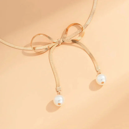 Dainty Pearl Drop Bow Necklace