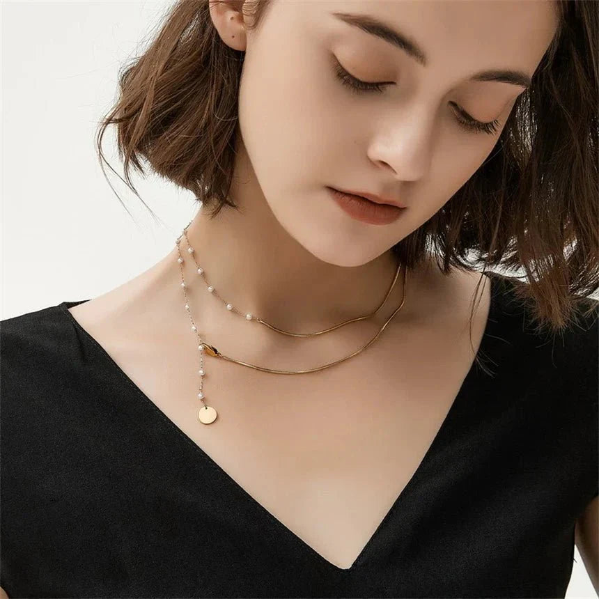 Classic Triple Layer Pearl Link Chain Necklace - Luxicro