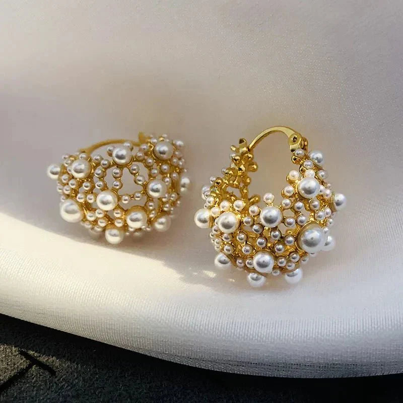 Trendy White Pearl Hoop Drop Earrings