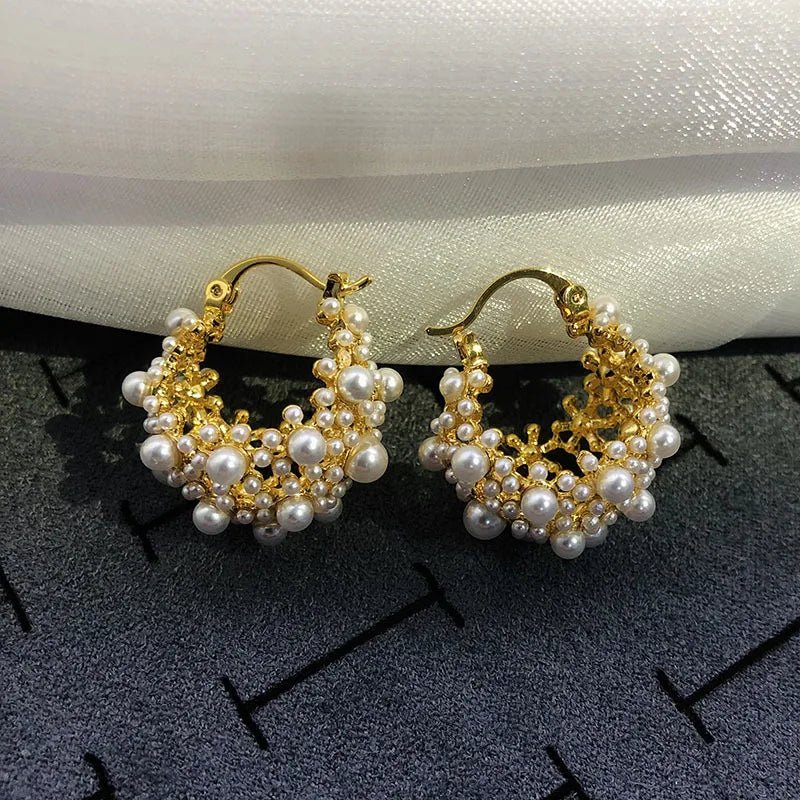Trendy White Pearl Hoop Drop Earrings