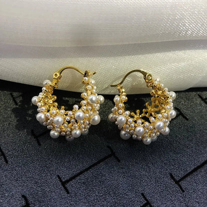 Trendy White Pearl Hoop Drop Earrings