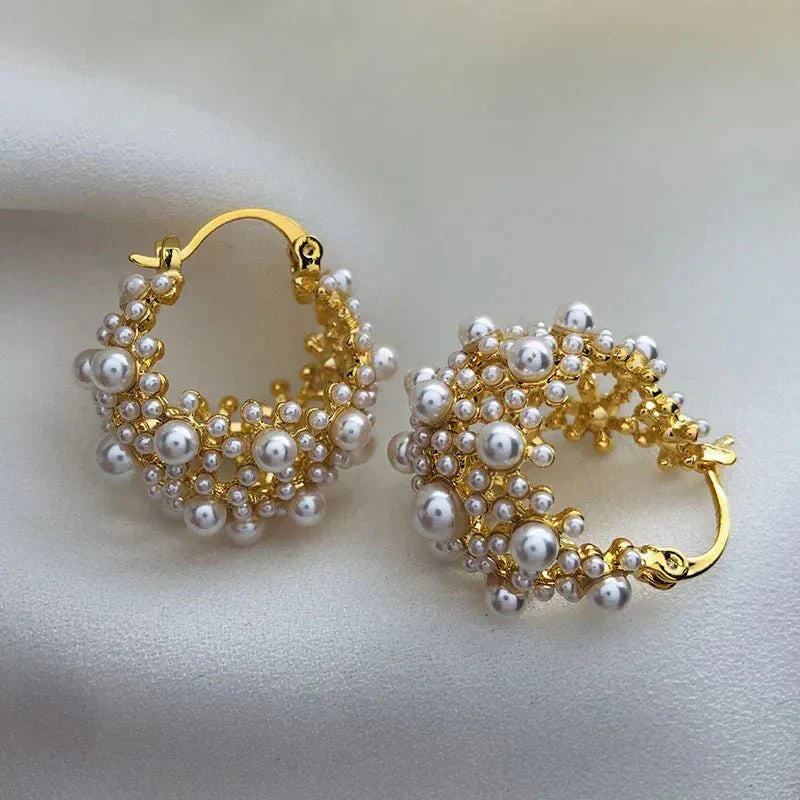 Trendy White Pearl Hoop Drop Earrings