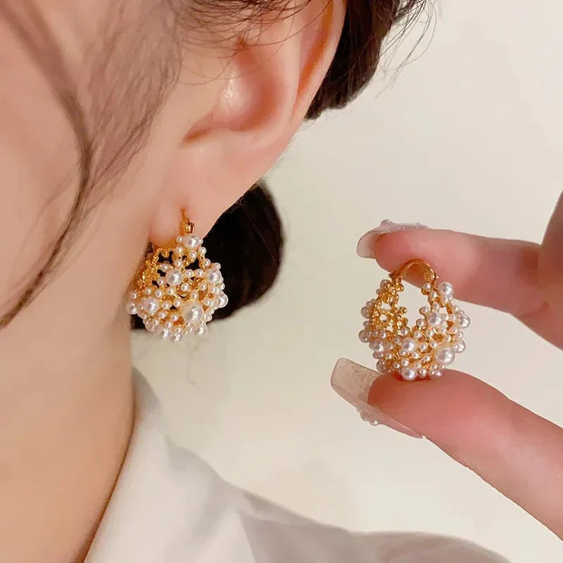 Trendy White Pearl Hoop Drop Earrings - Luxicro