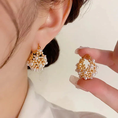 Trendy White Pearl Hoop Drop Earrings - Luxicro