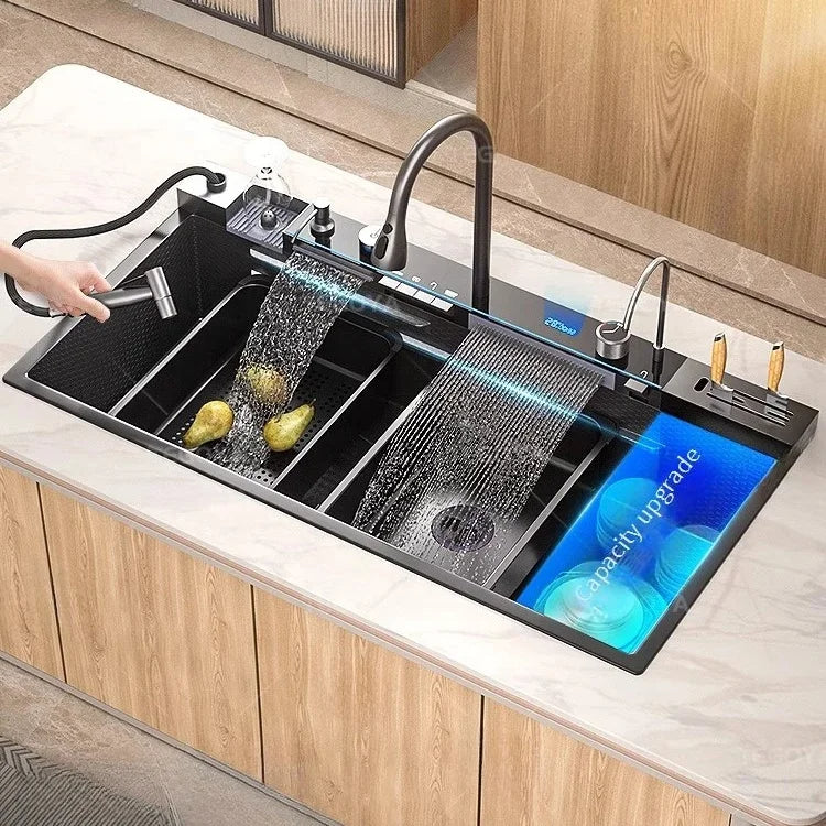 Contemporary LED Waterfall Kitchen Faucet Sink Mixer - Luxicro