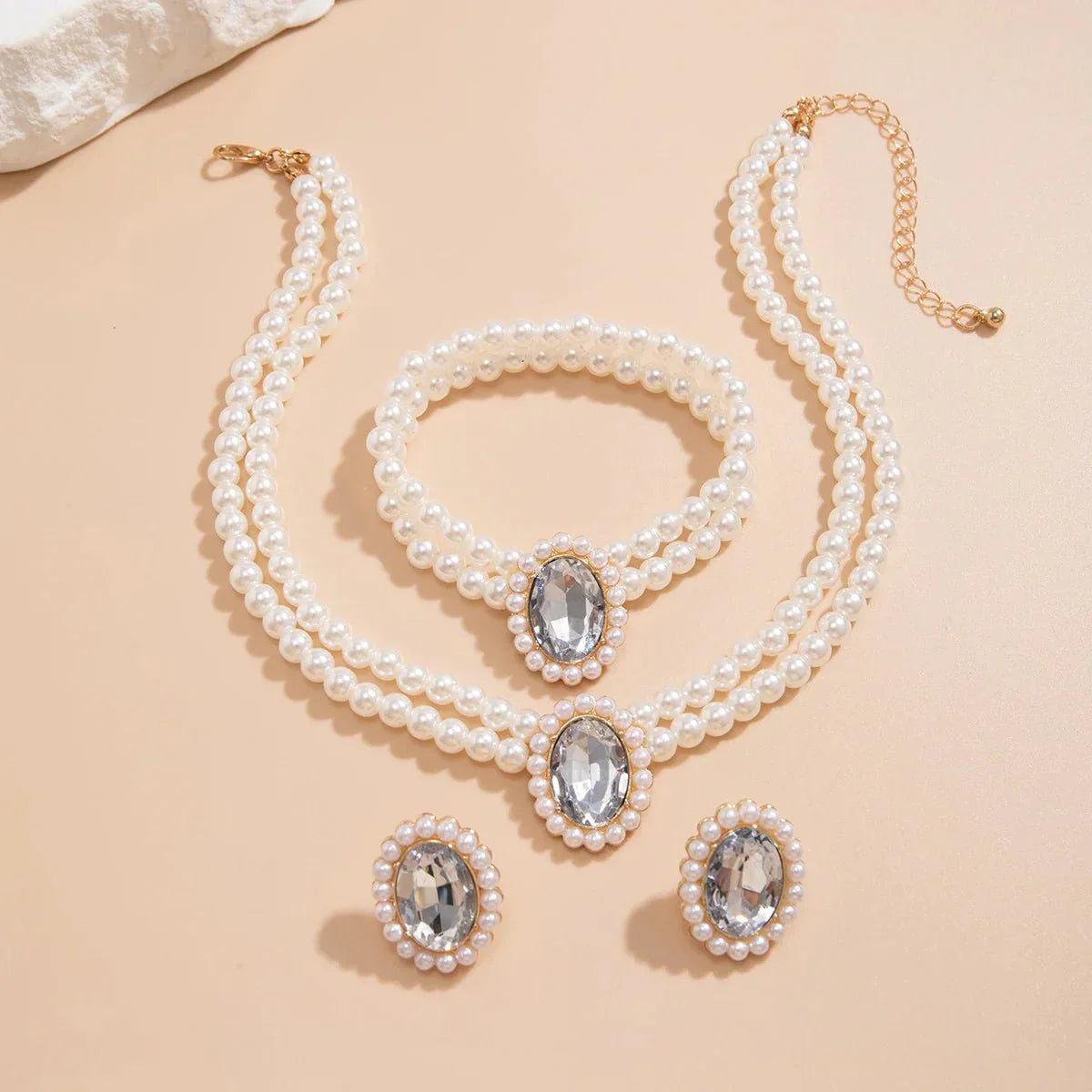 Elegant Pearl Diamond Necklace Earring Set