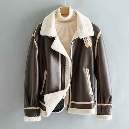 Cozy Faux Leather Biker Jacket with Shearling Lining - Luxicro