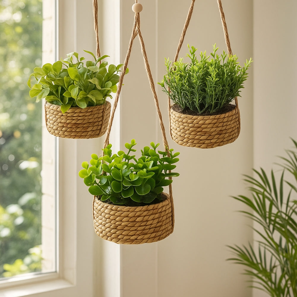 Green Hanging Fake Plant Woven Basket Planter - Luxicro