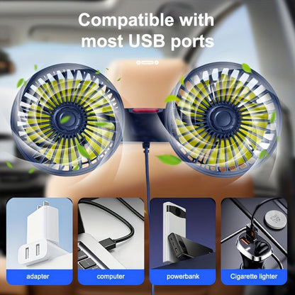 Portable Dual Car Fan with 360° Rotation & Silent Operation