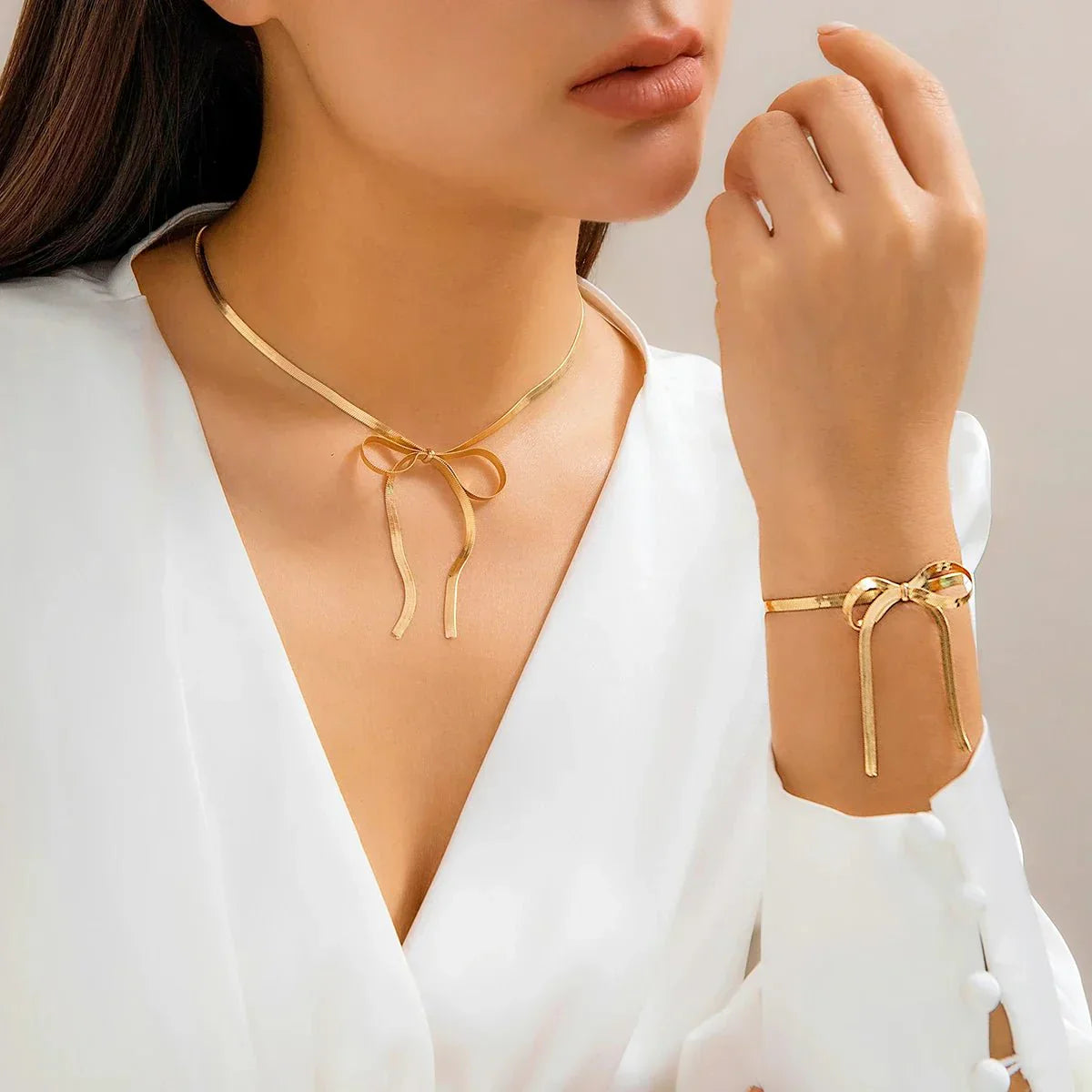 Delicate Chain Link Charm Necklace and Bangle Set
