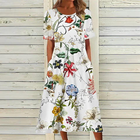 Elegant Floral Print White Dress - Luxicro