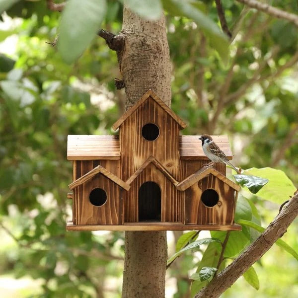 Natural Wood Bird Feeder House with 6 Compartments