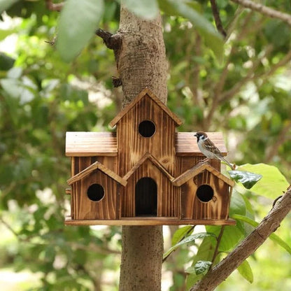 Natural Wood Bird Feeder House with 6 Compartments