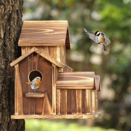 Natural Wood Bird Feeder House with 6 Compartments