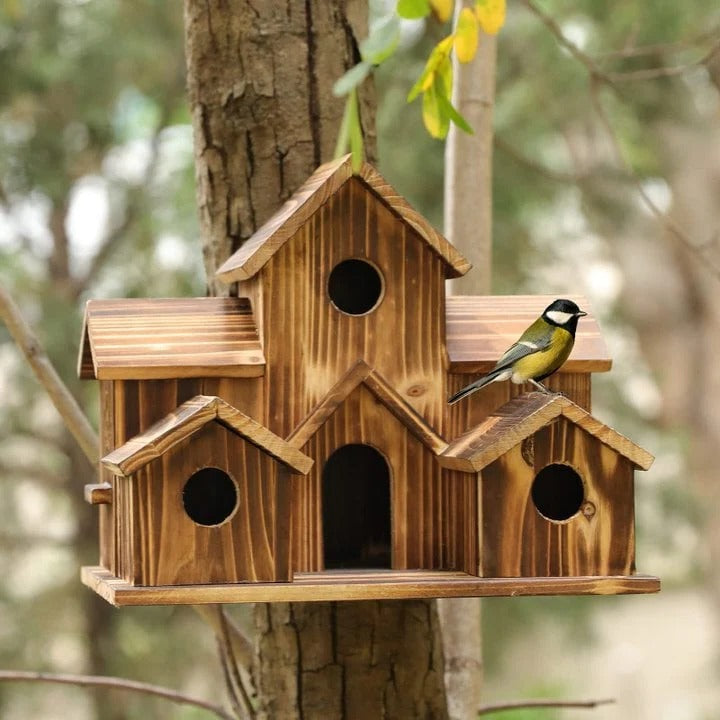 Natural Wood Bird Feeder House with 6 Compartments - Luxicro