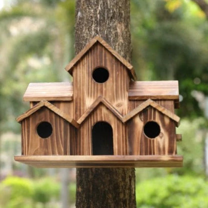 Natural Wood Bird Feeder House with 6 Compartments