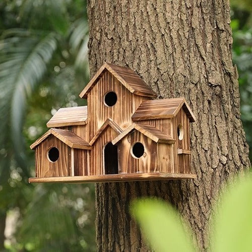Natural Wood Bird Feeder House with 6 Compartments