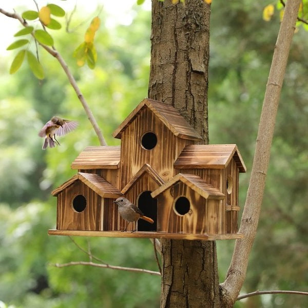 Natural Wood Bird Feeder House with 6 Compartments