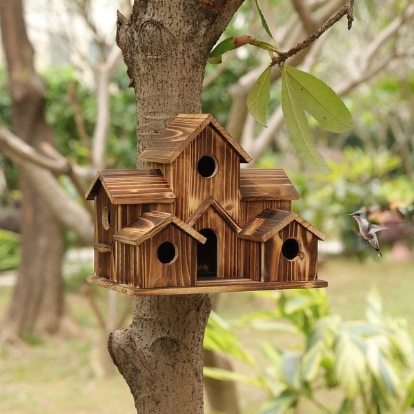 Natural Wood Bird Feeder House with 6 Compartments