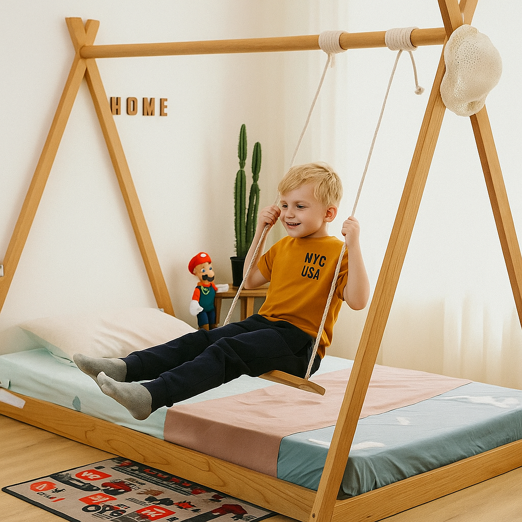 Colorful Wood Children's Swing Playhouse Bed - Luxicro