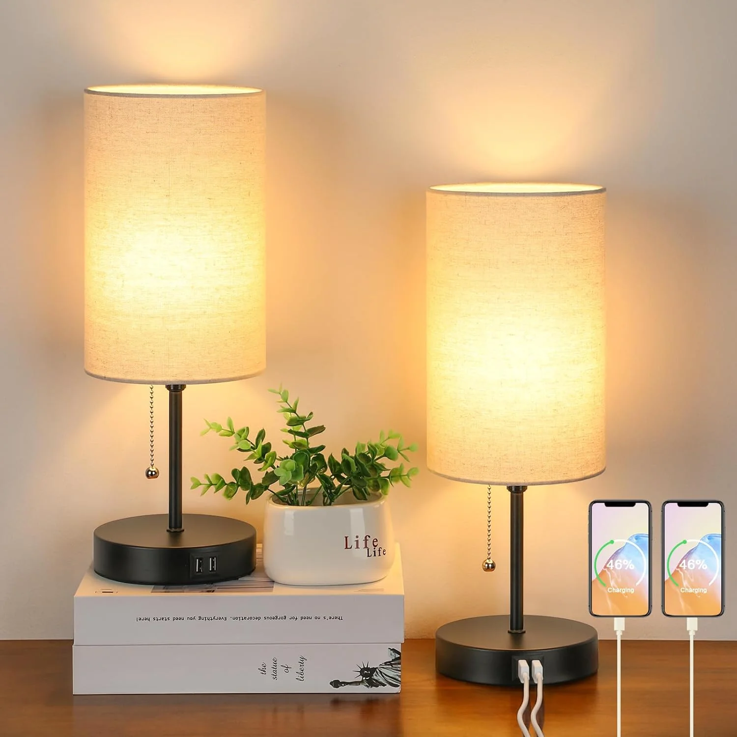 Contemporary 2-Pack Bedside Table Lamps with USB