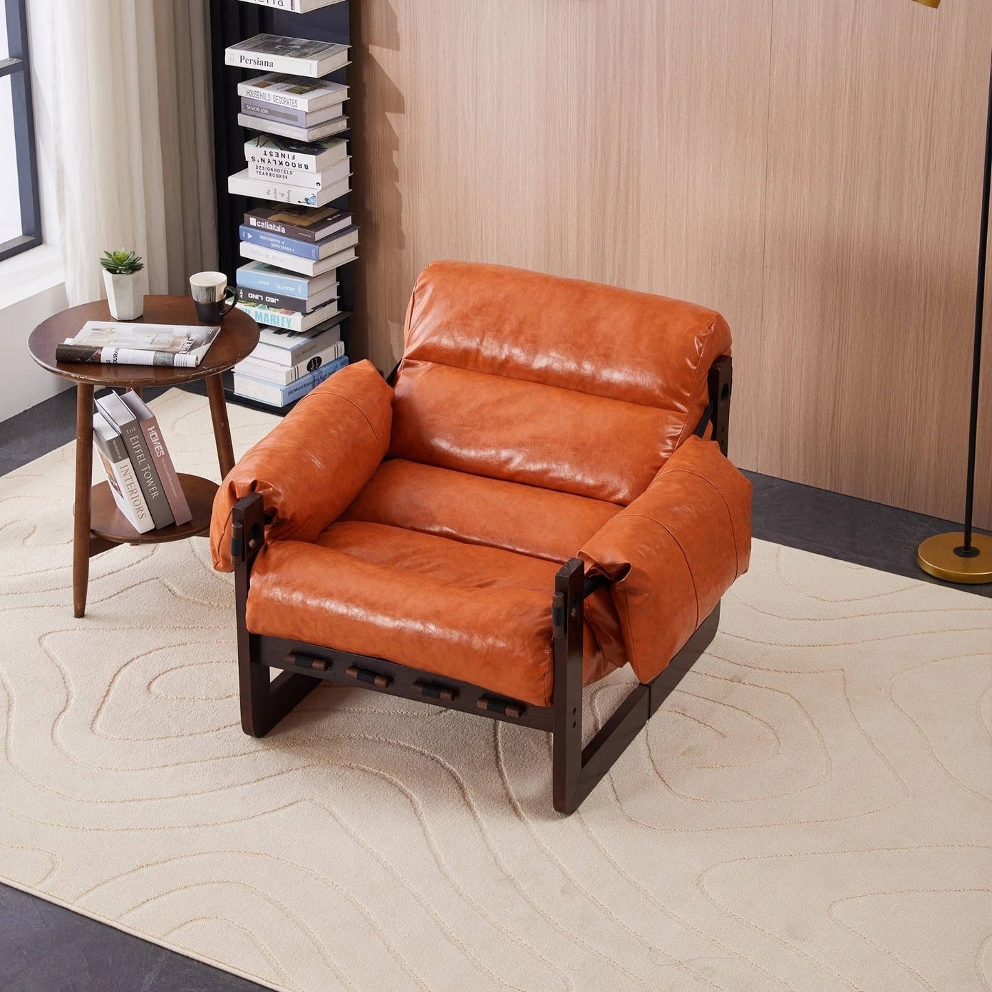 Classic Brown Leather Armchair with Wood Frame - Luxicro