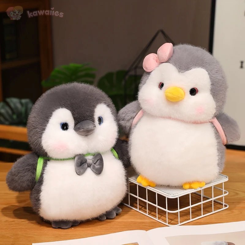 Cuddly Gray Penguin Toy with Mini Backpack