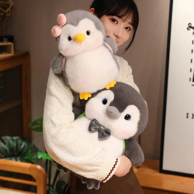 Cuddly Gray Penguin Toy with Mini Backpack