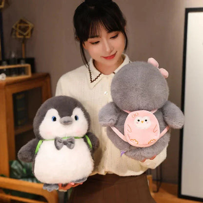 Cuddly Gray Penguin Toy with Mini Backpack