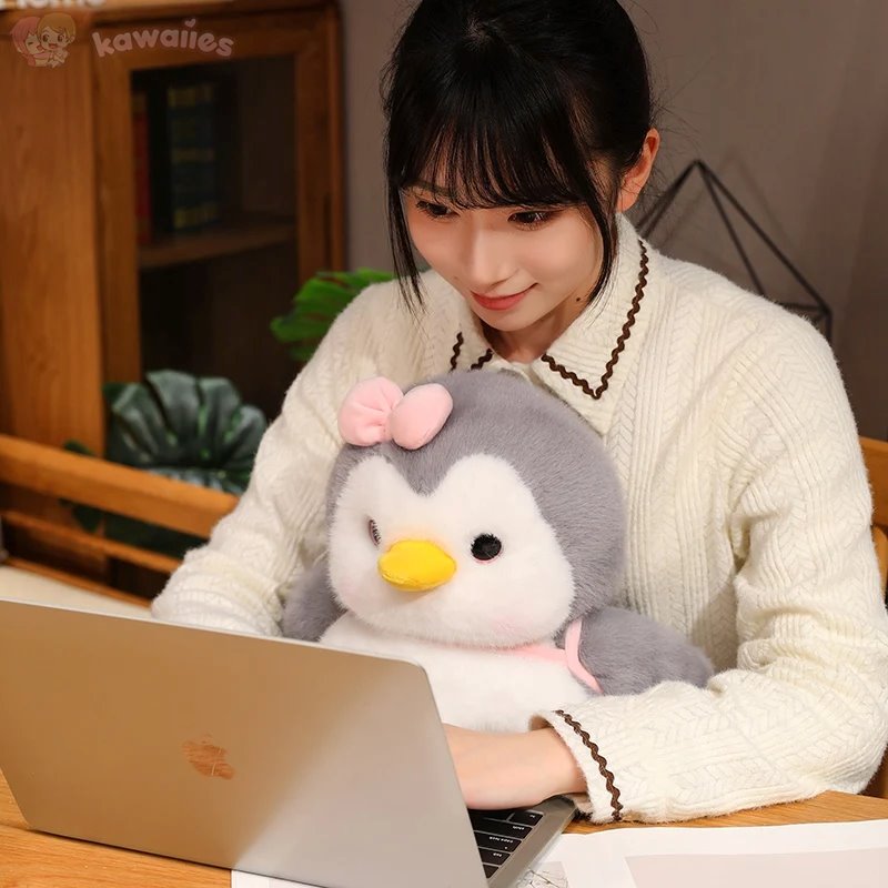 Cuddly Gray Penguin Toy with Mini Backpack