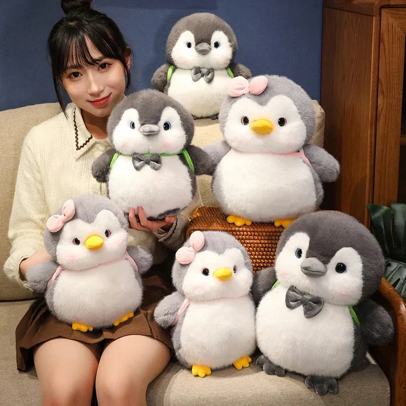 Cuddly Gray Penguin Toy with Mini Backpack