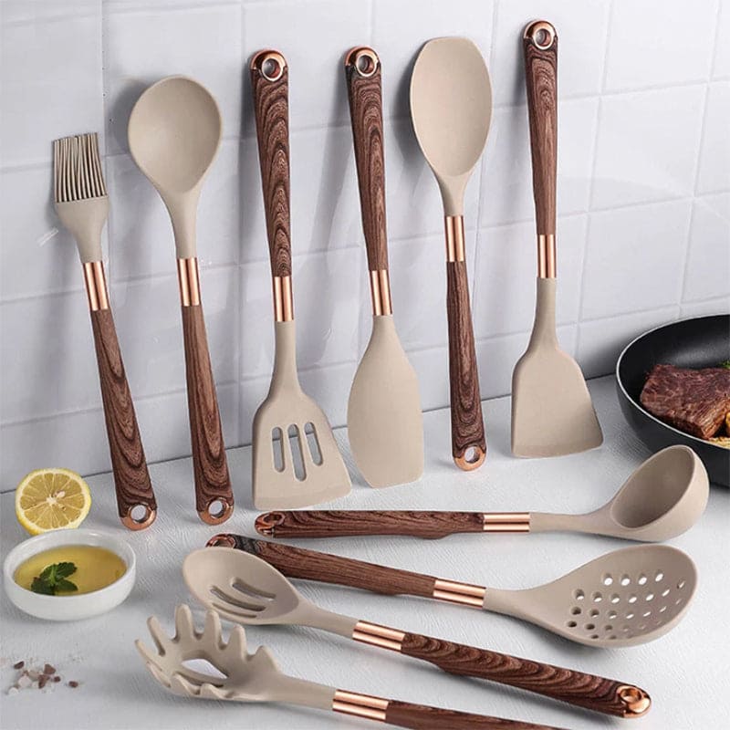 Non-Stick 10 Piece Silicone Kitchen Tool Set with Wooden Handles - Luxicro