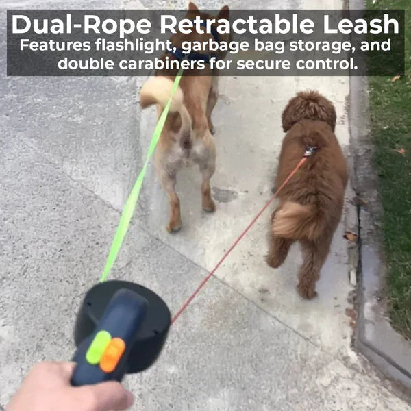 Convenient Dual Dog Leash with LED Light & Waste Bag Clip
