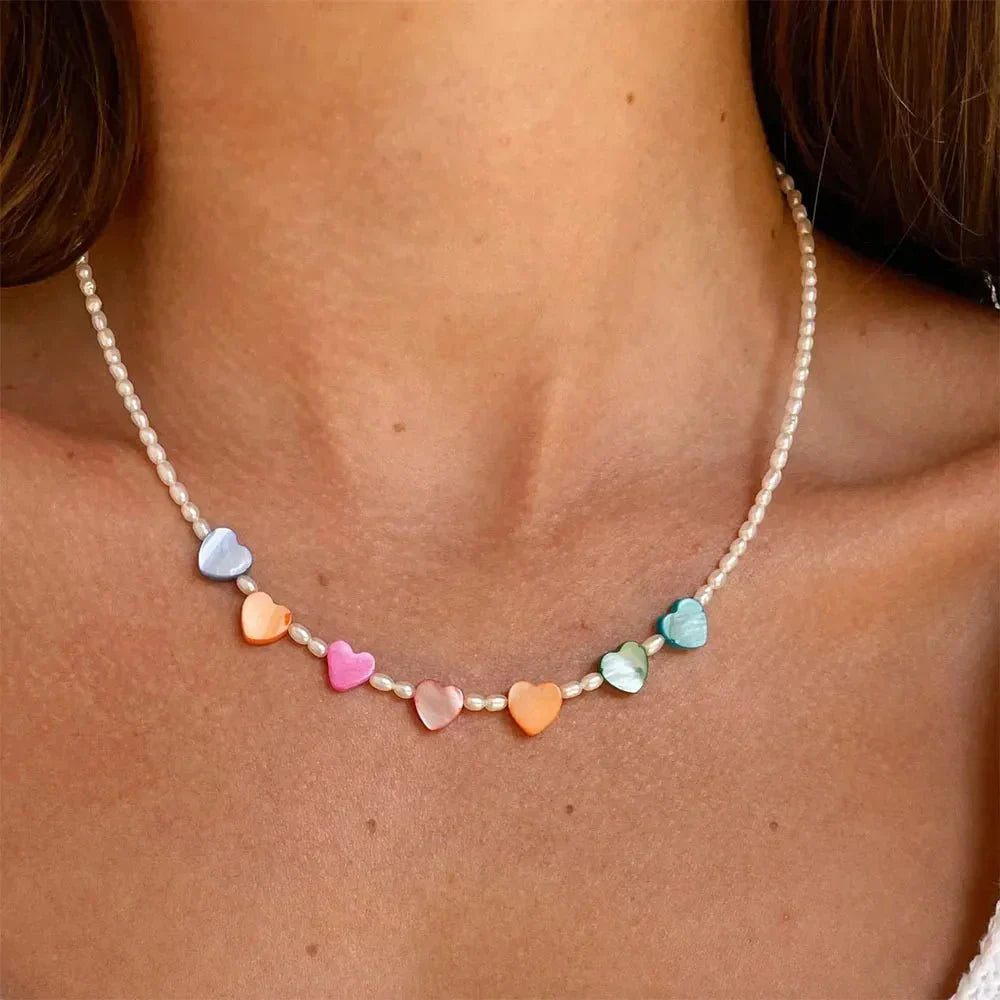 Colorful Beaded Heart Chain Necklace - Luxicro