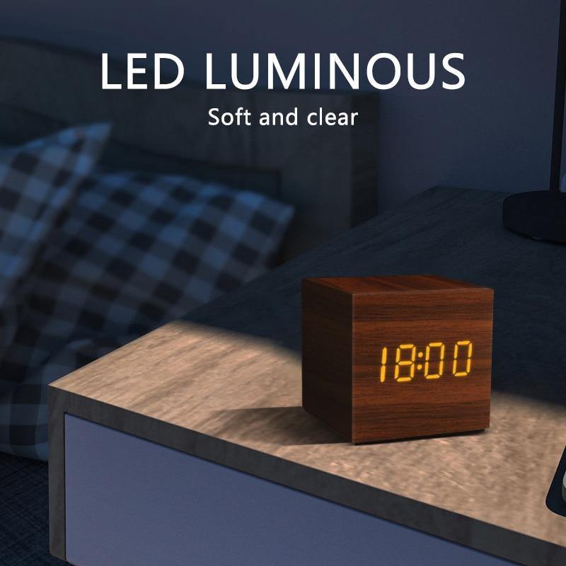 Wooden Digital LED Alarm Clock Cube