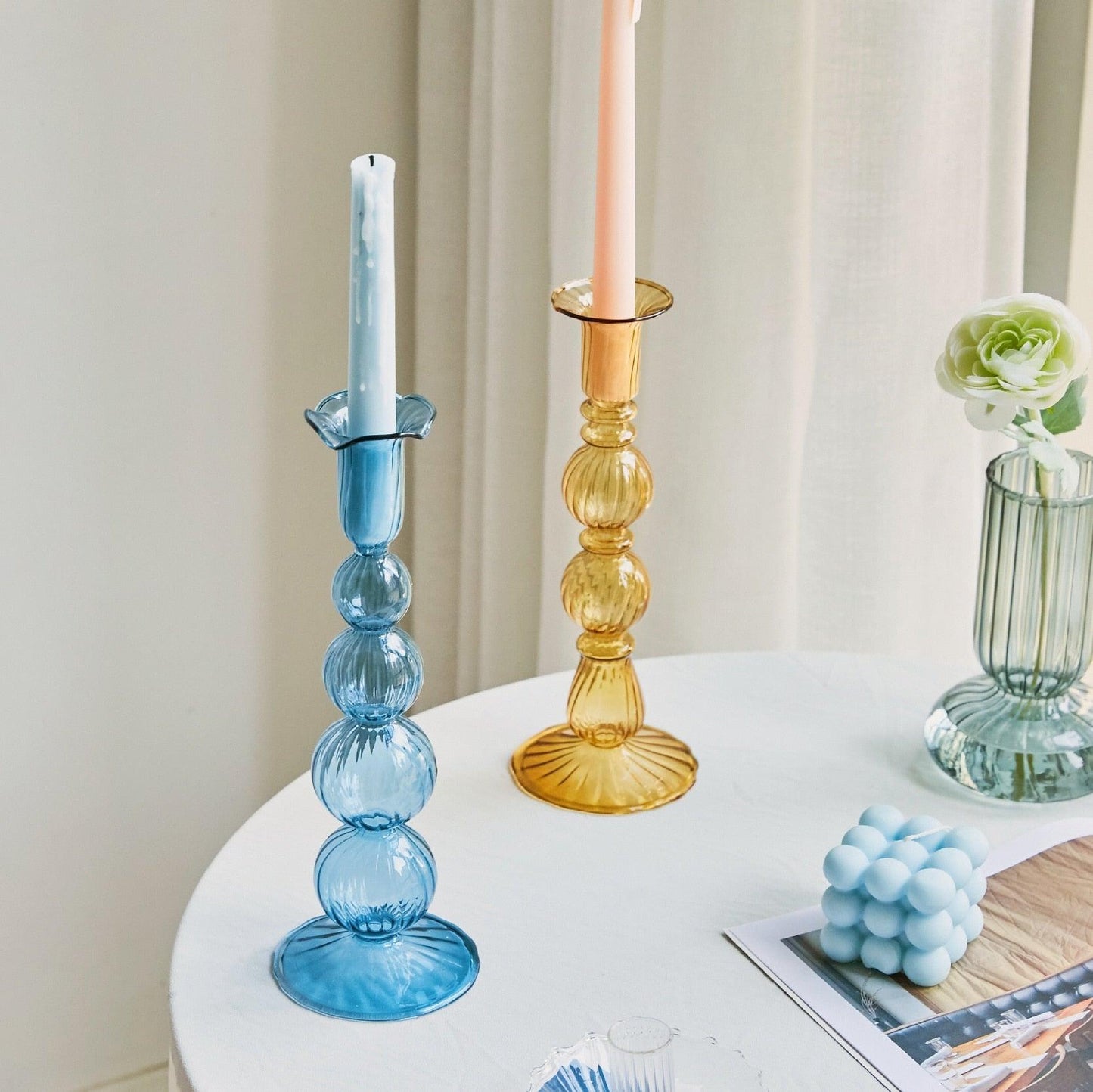 Colorful Glass Candle Stand | Decorative Home Table Centerpiece