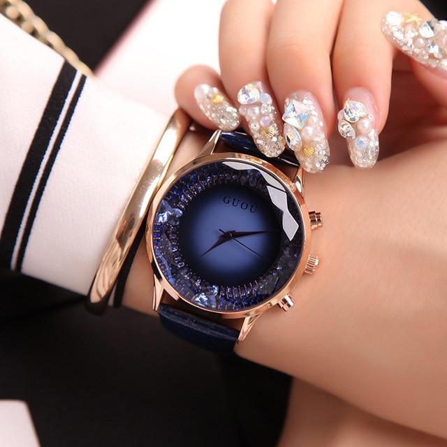 Classic Black Diamond Face Ladies Leather Wrist Watch - Luxicro