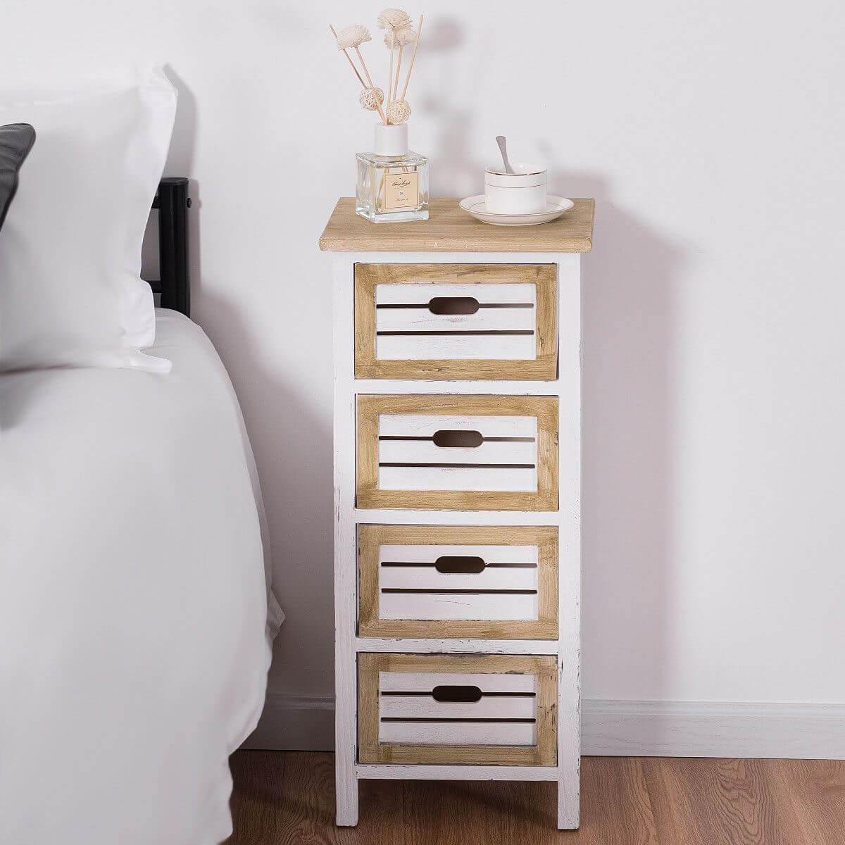 Country Wood Bedside Table with 4 Drawer Storage - Luxicro