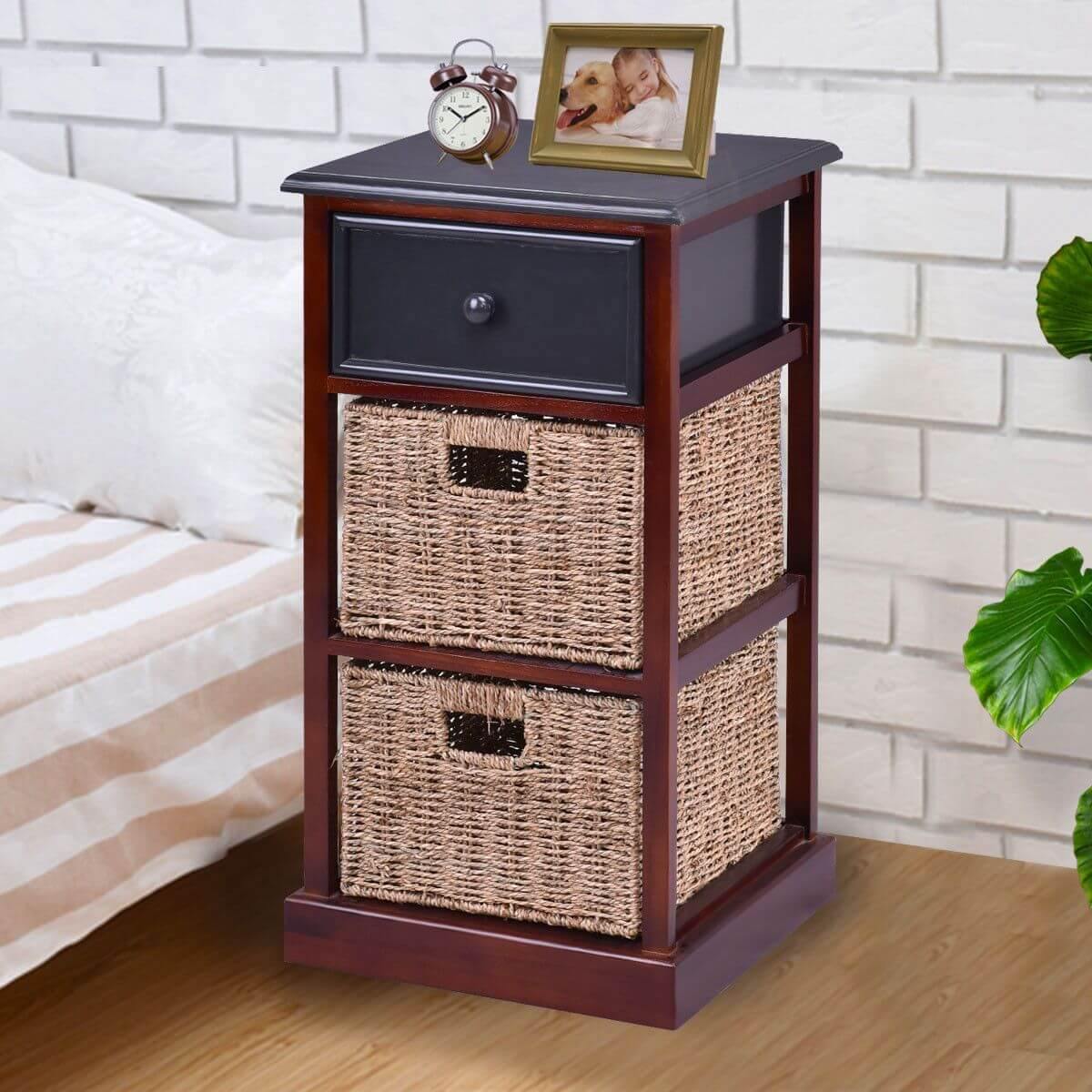 Rustic 3 Tier Wooden Nightstand with Drawers - Luxicro